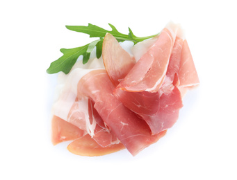 Photo of Slices of tasty prosciutto on white background, top view