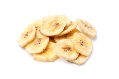 Photo of Heap of sweet banana slices on white background. Dried fruit as healthy snack
