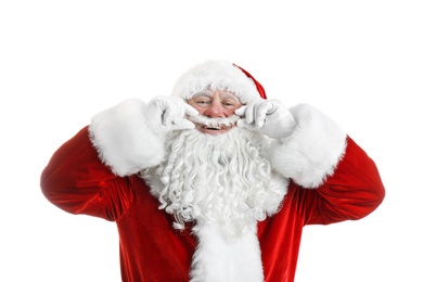 Photo of Portrait of authentic Santa Claus on white background