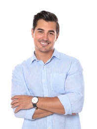 Portrait of handsome young man on white background