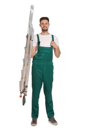 Worker in uniform holding metal ladder on white background