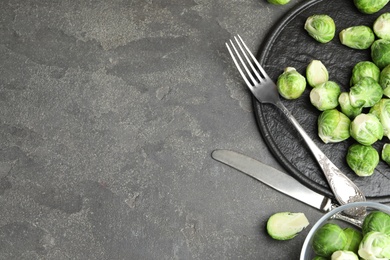 Photo of Fresh Brussels sprouts on grey table, flat lay. Space for text