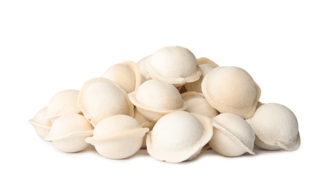 Photo of Raw dumplings on white background. Home cooking