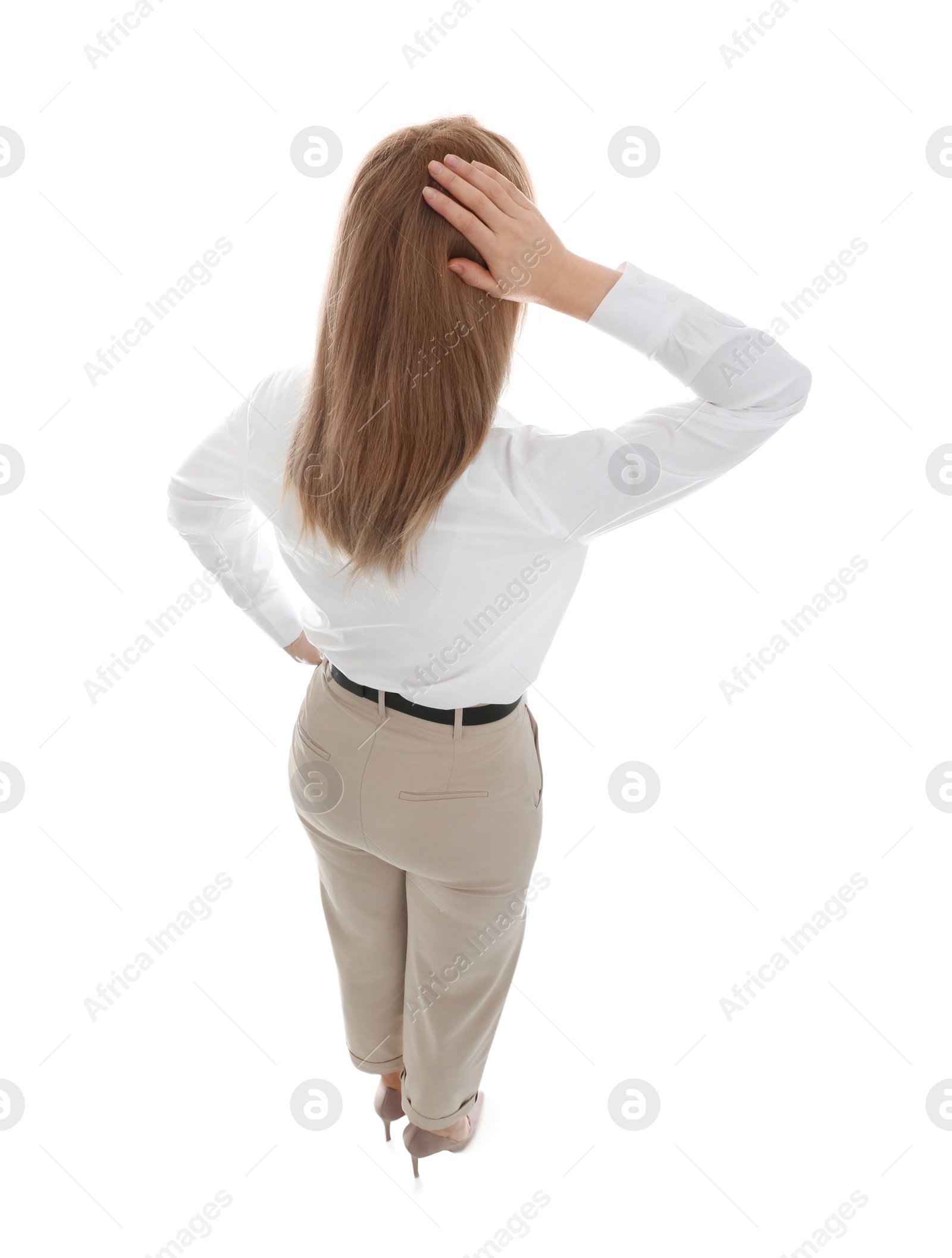 Photo of Young woman on white background, back view