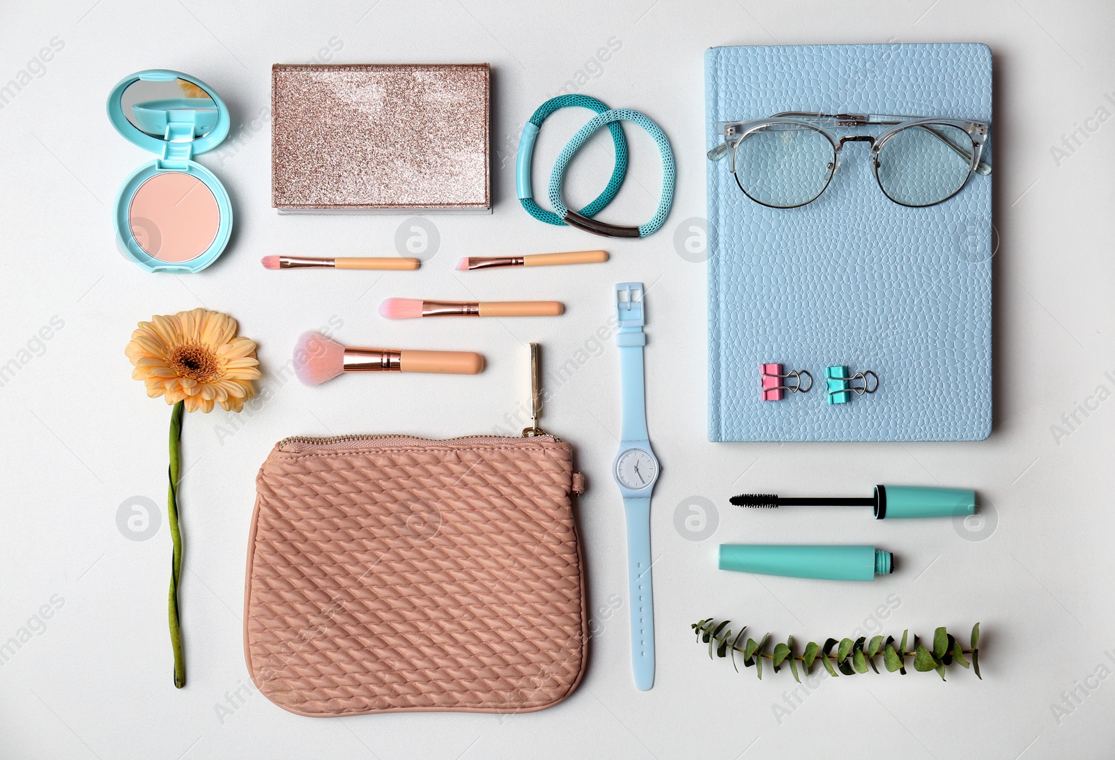 Photo of Flat lay composition with cosmetics and stylish accessories on light background