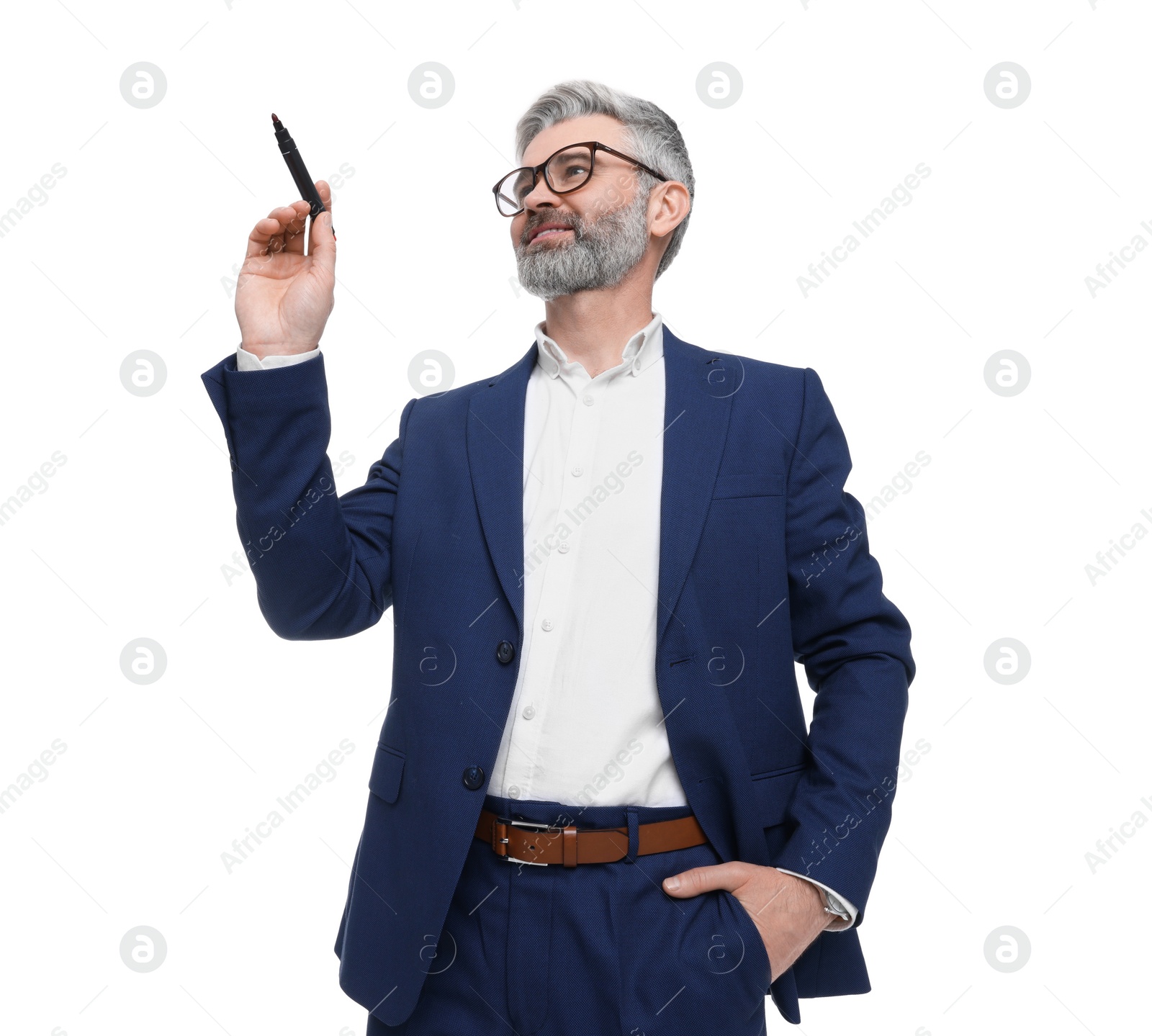 Photo of Mature businessman with marker on white background, low angle view