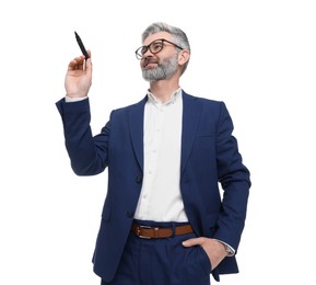 Photo of Mature businessman with marker on white background, low angle view