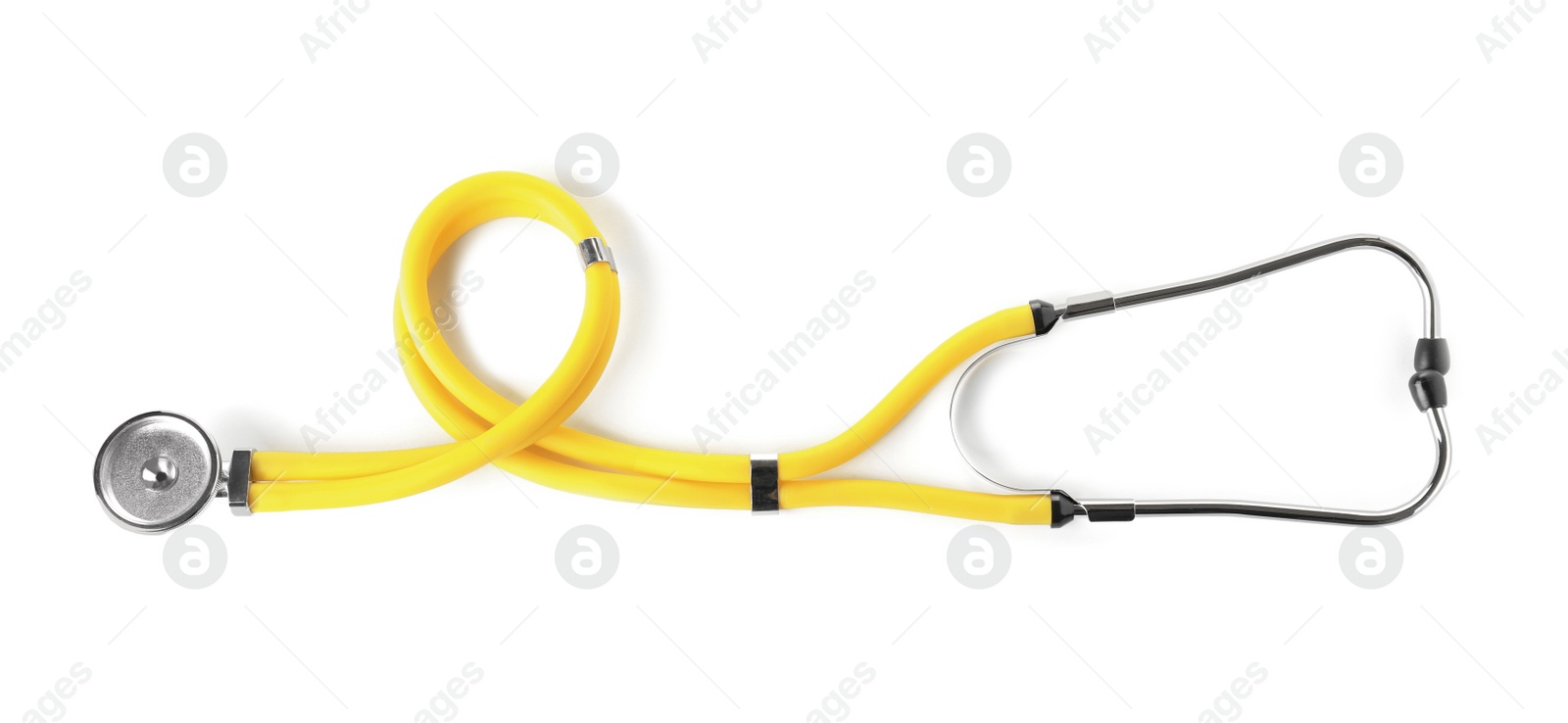 Photo of Stethoscope on white background, top view. Medical device