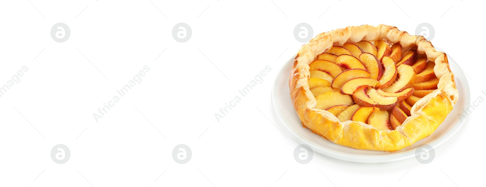 Image of Plate with delicious peach pie on white background. Banner design with space for text