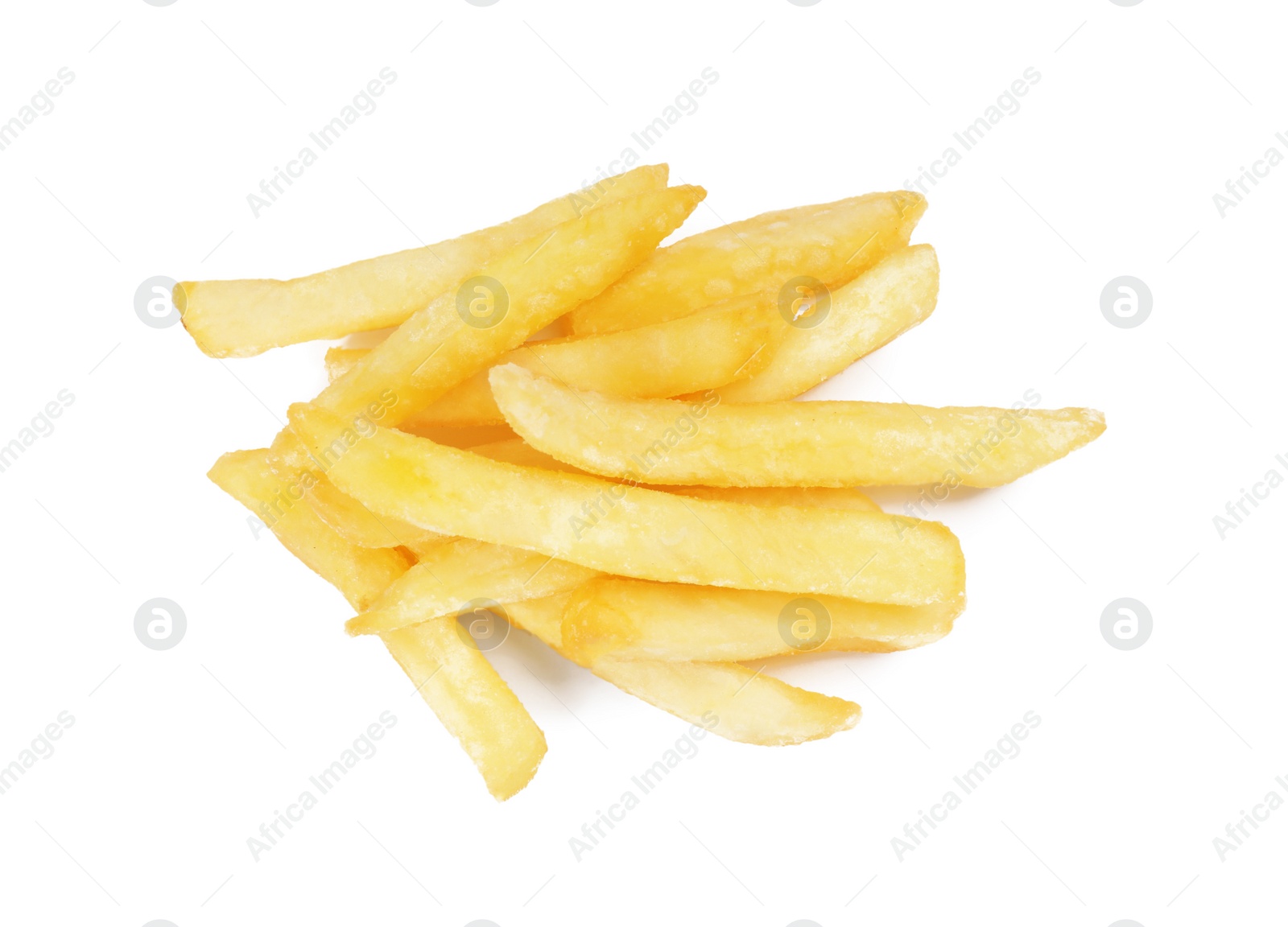 Photo of Delicious fresh french fries on white background, top view