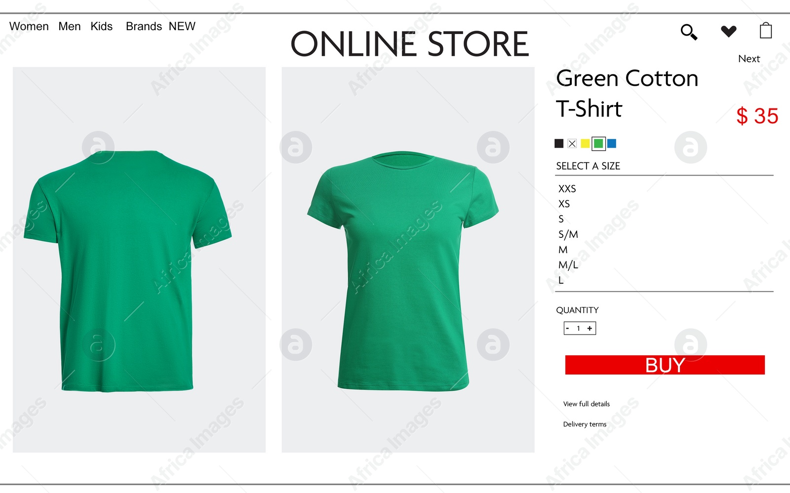Image of Online store website page with stylish t-shirt and information. Image can be pasted onto laptop or tablet screen