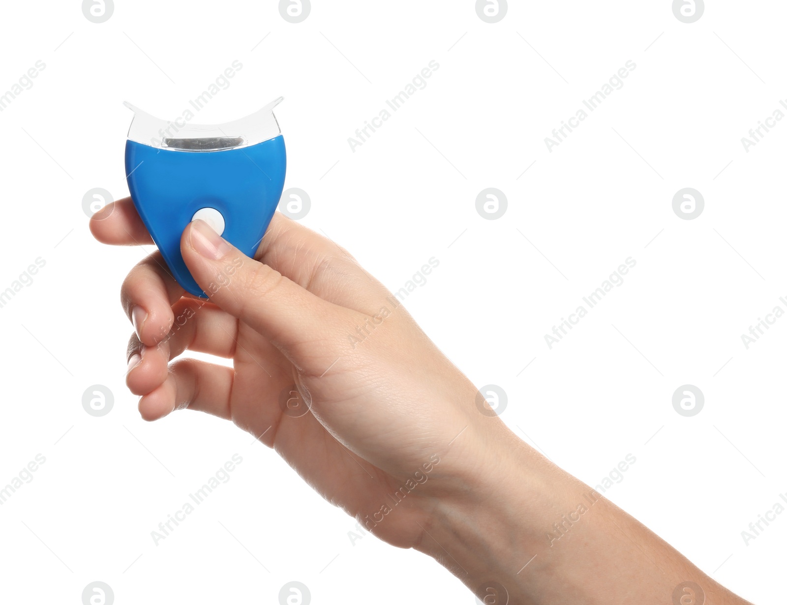 Photo of Woman holding teeth bleaching device on white background