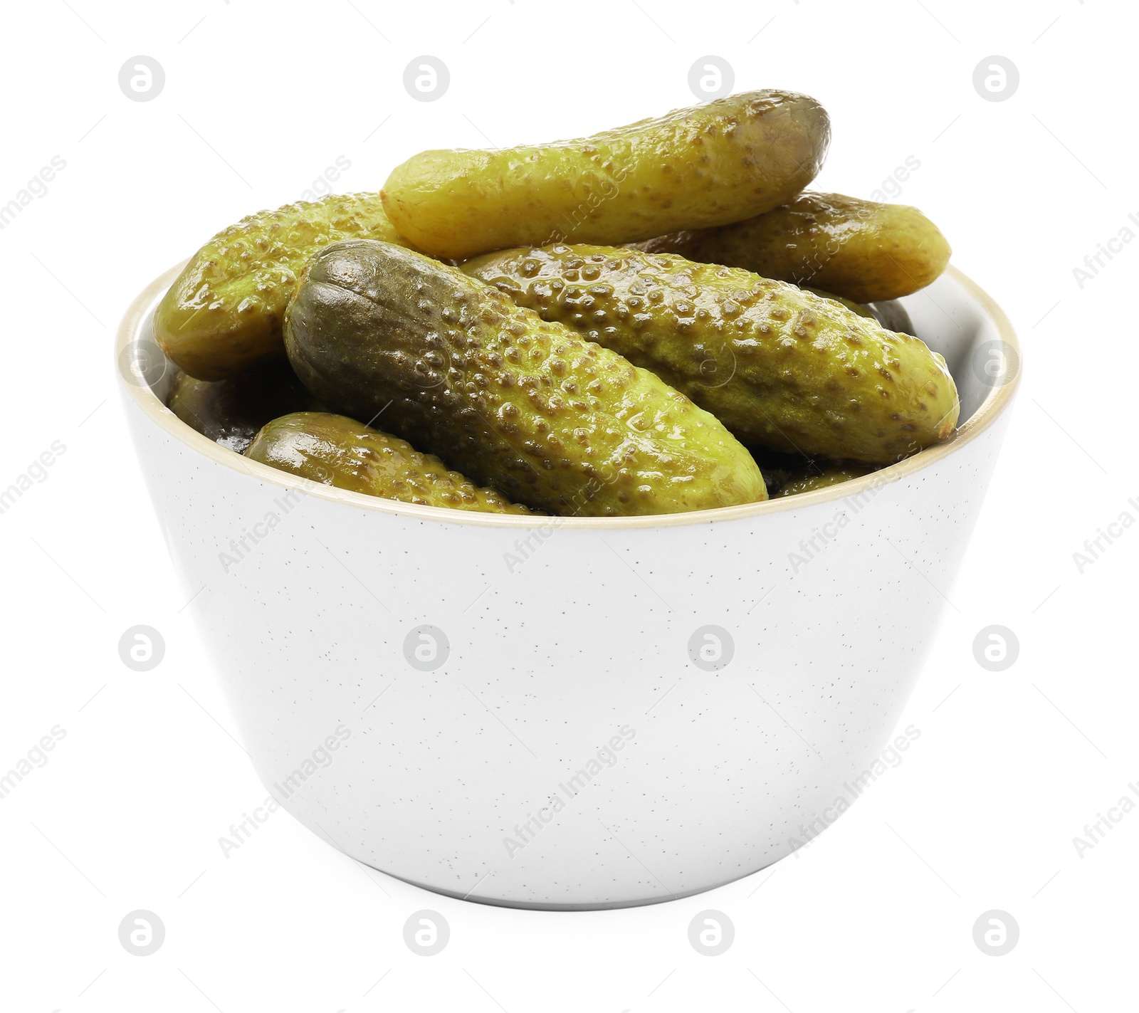 Photo of Tasty pickled cucumbers in bowl isolated on white