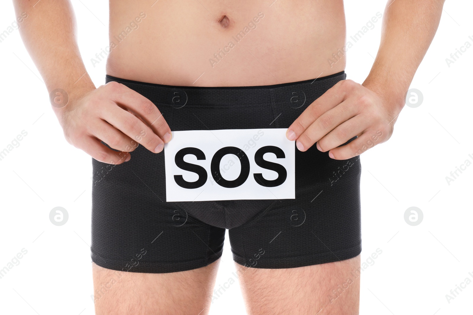 Photo of Man holding SOS sign on white background, closeup. Urology problems