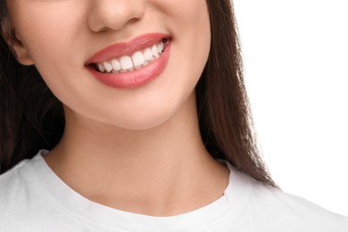 Photo of Woman with clean teeth smiling on white background, closeup