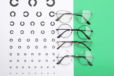 Photo of Vision test chart and glasses on green background, flat lay