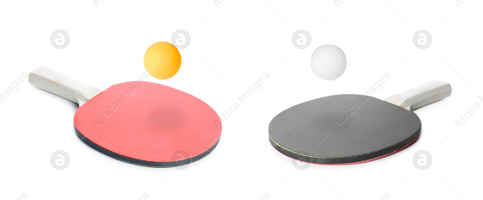 Image of Ping pong rackets and balls on white background. Banner design