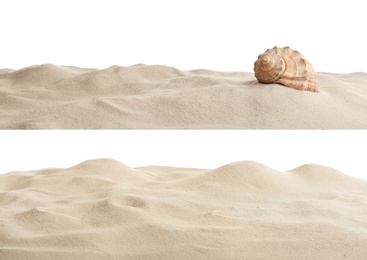 Image of Heaps of dry beach sand on white background