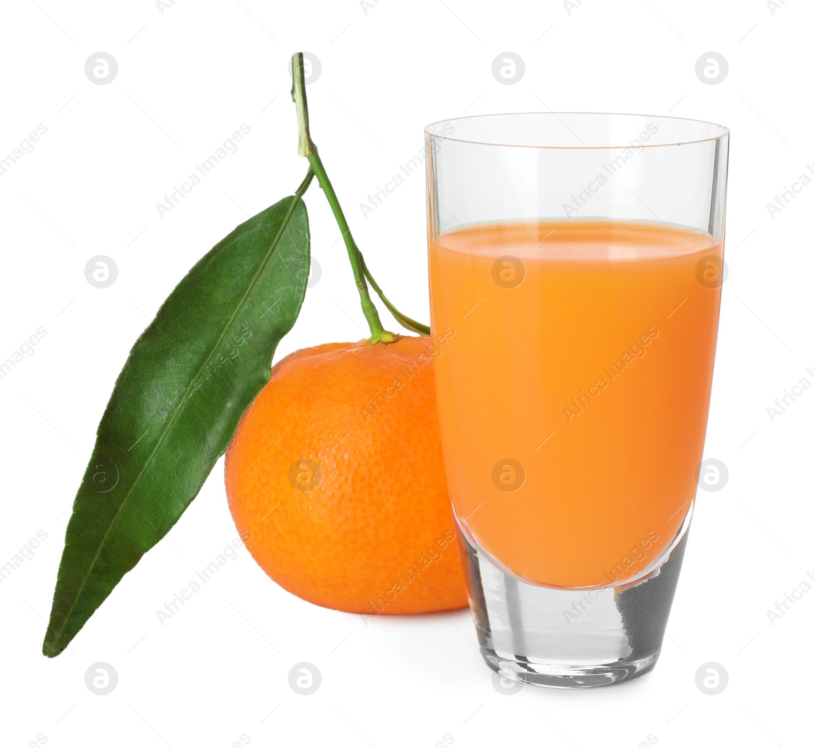 Photo of Tasty tangerine liqueur in shot glass and fresh fruit isolated on white