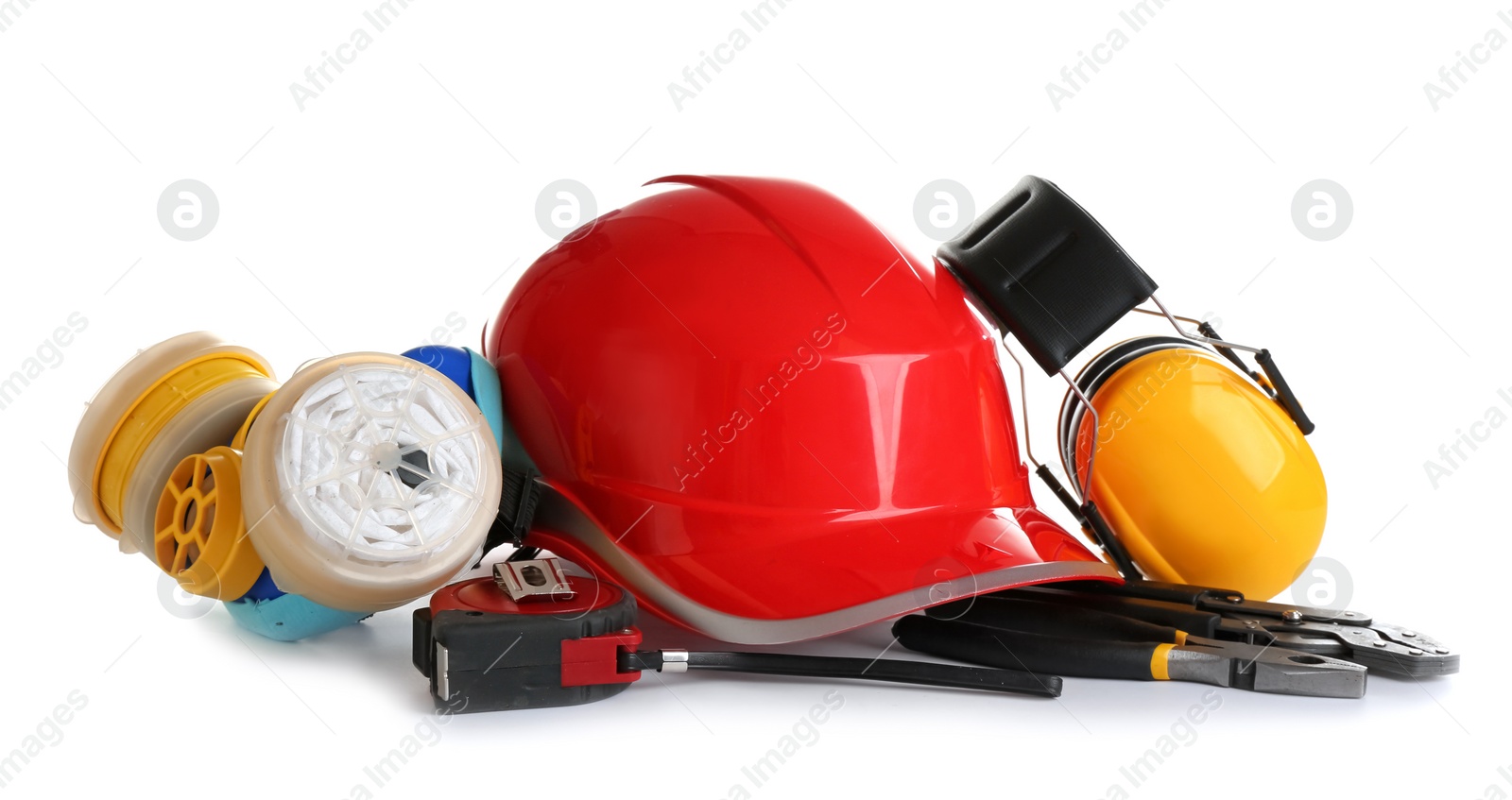 Photo of Composition with construction tools on white background