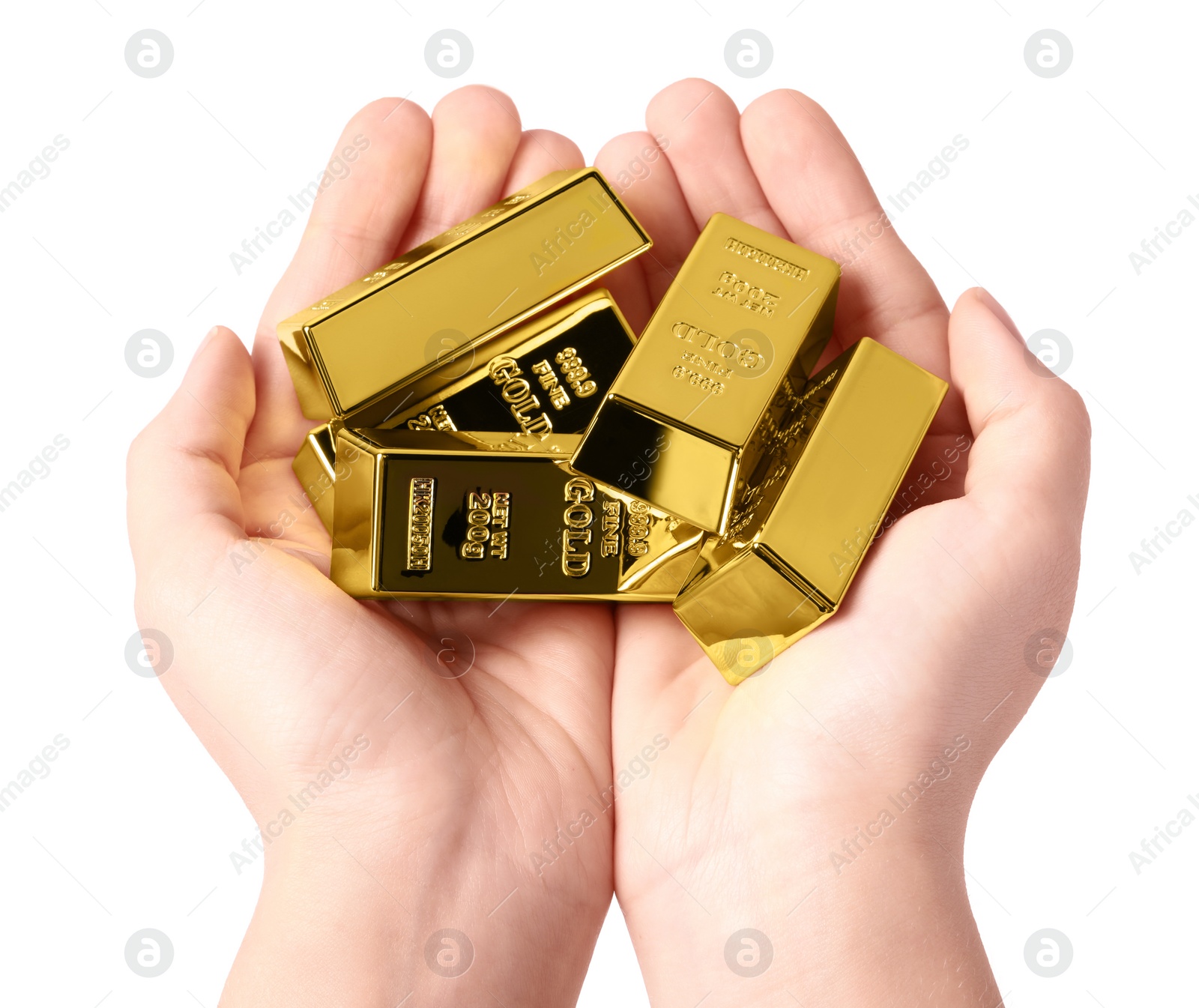 Photo of Woman holding gold bars on white background, closeup