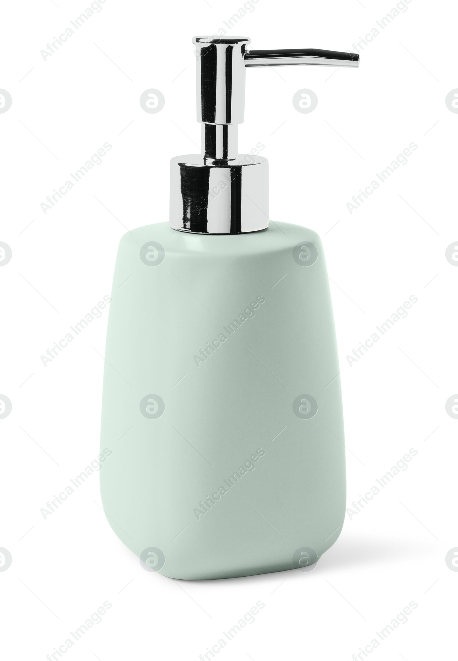 Photo of Bath accessory. Light green liquid soap dispenser isolated on white