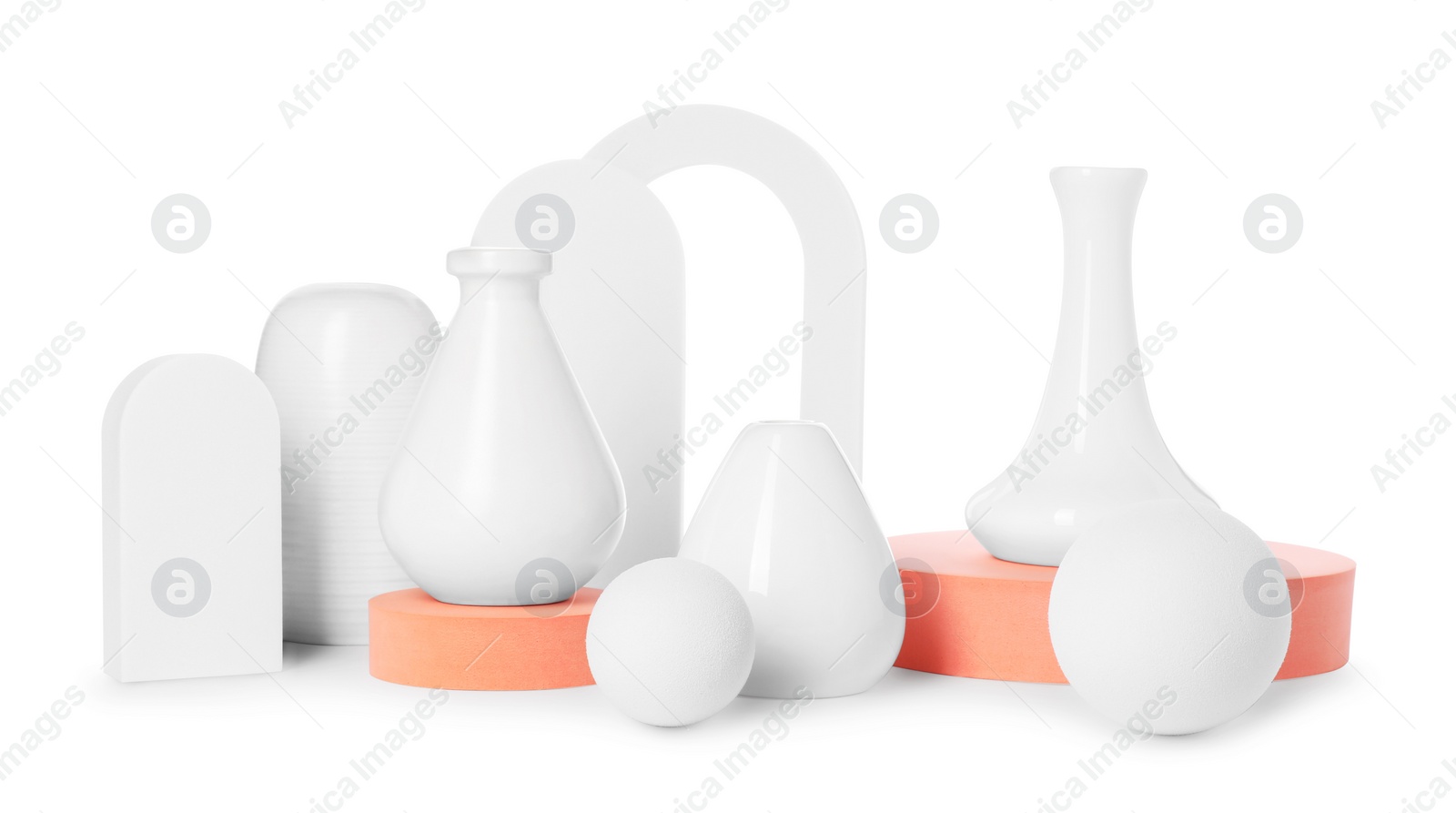 Photo of Many different stylish vases and decorative elements on white background