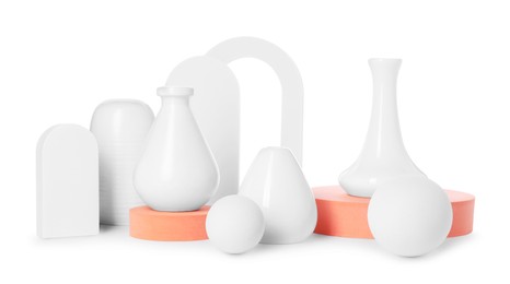 Photo of Many different stylish vases and decorative elements on white background