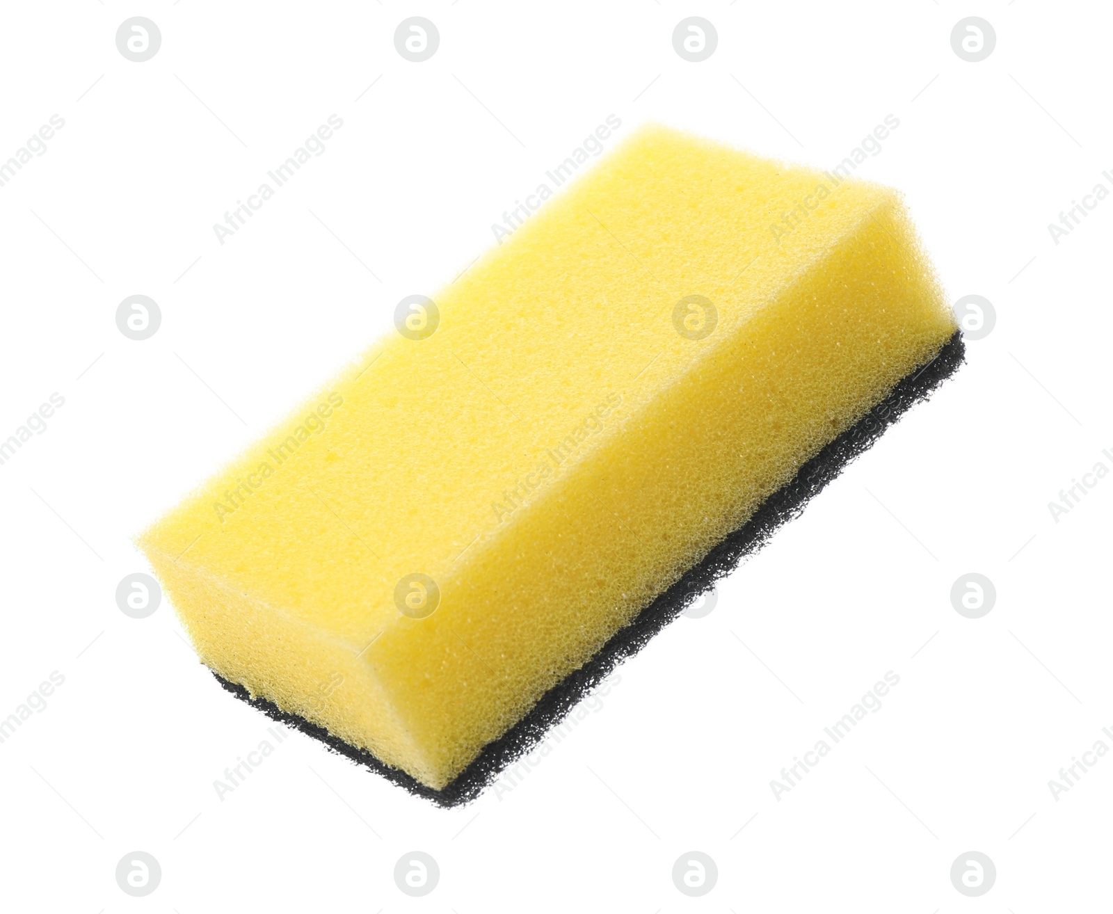 Photo of Yellow cleaning sponge with abrasive black scourer isolated on white