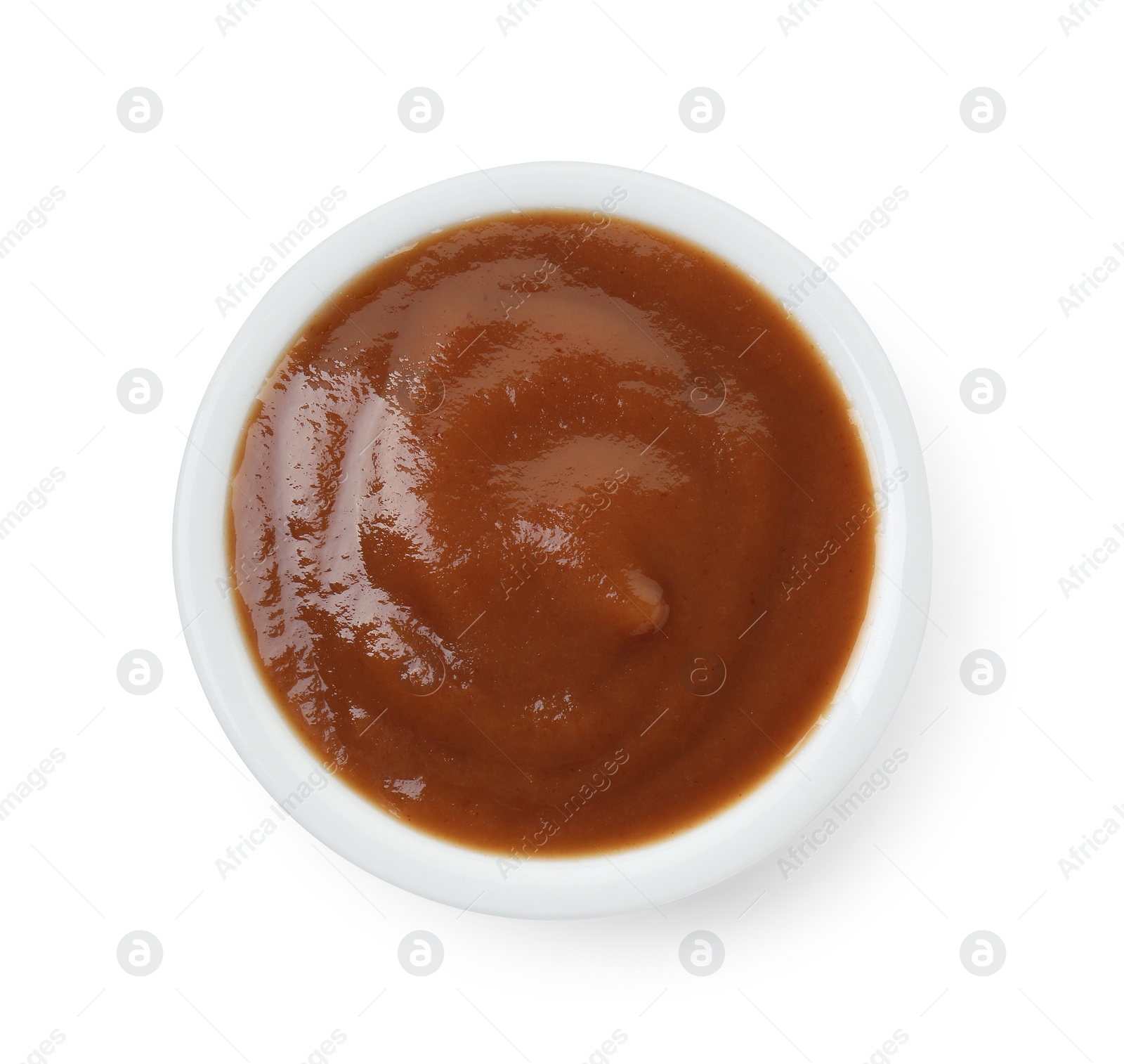 Photo of Bowl of healthy baby food isolated on white, top view