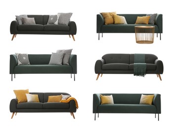 Set with different stylish sofas on white background
