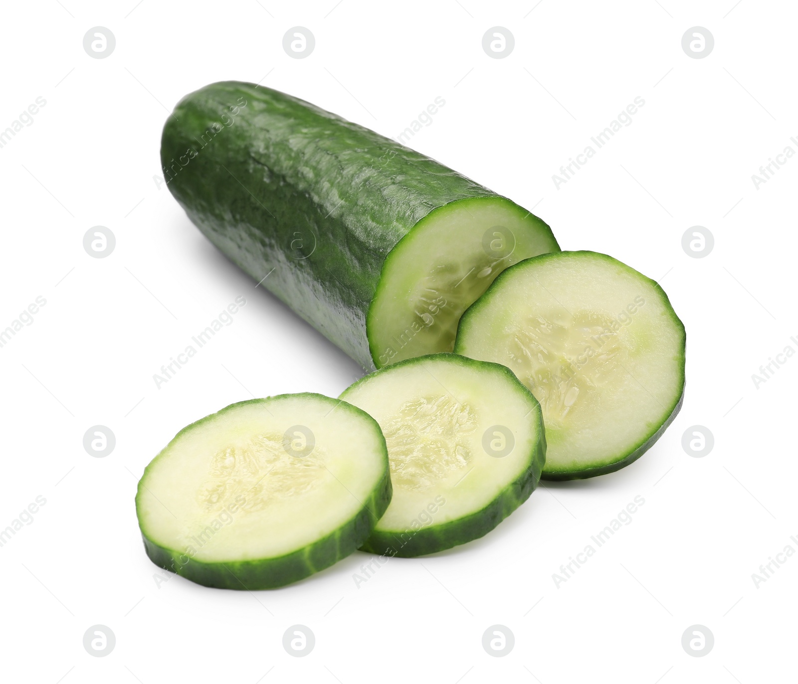 Photo of Cut ripe long cucumber isolated on white