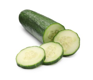 Photo of Cut ripe long cucumber isolated on white