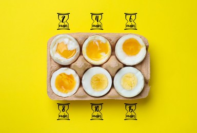 Boiled chicken eggs of different readiness stages in carton on yellow background, top view