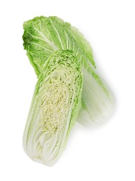 Photo of Pile of shredded fresh Chinese cabbage and halves of one isolated on white, above view