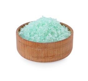 Photo of Wooden bowl with turquoise sea salt isolated on white