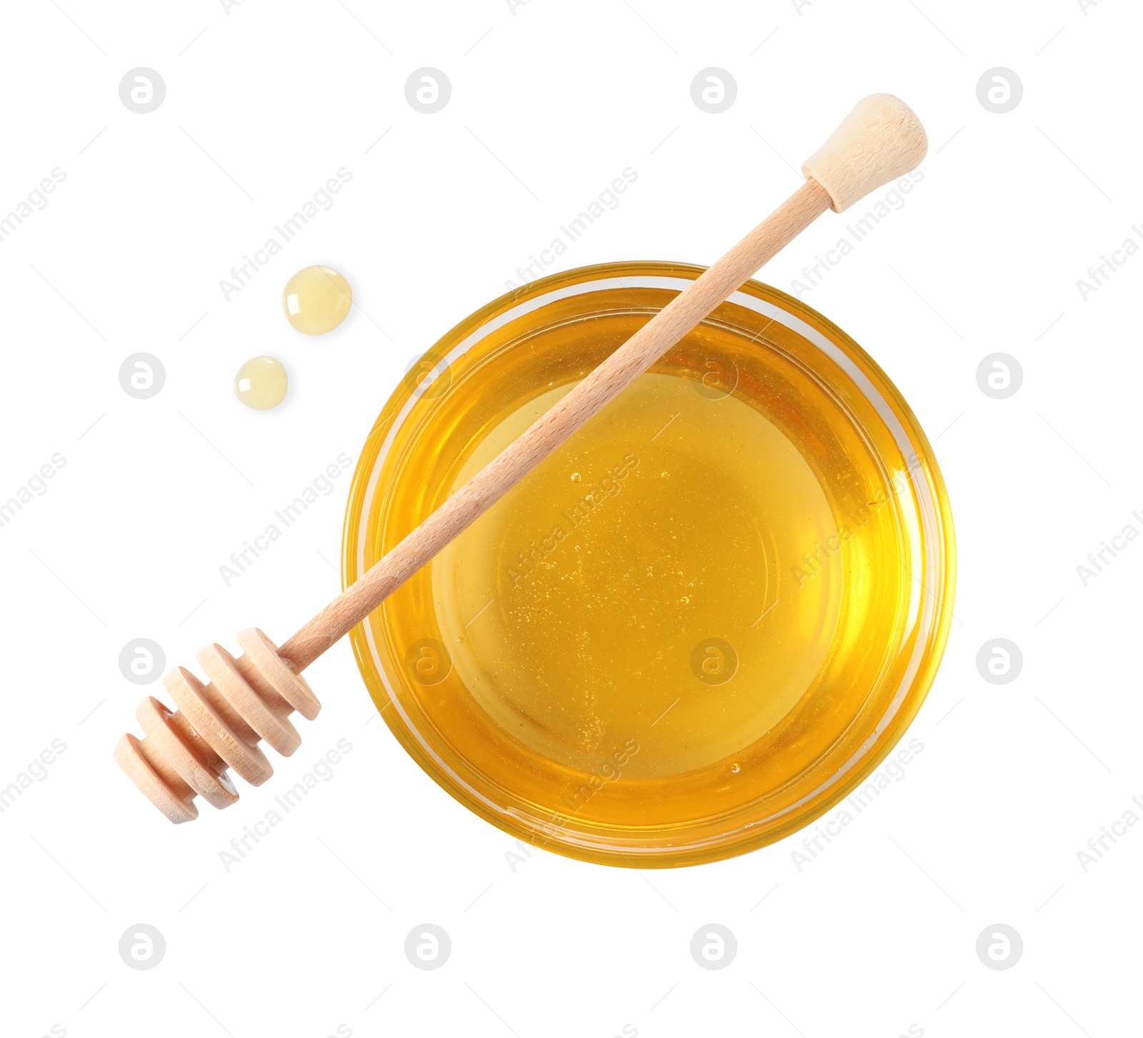 Photo of Tasty honey in bowl and dipper isolated on white, top view