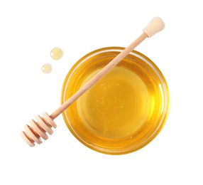 Photo of Tasty honey in bowl and dipper isolated on white, top view