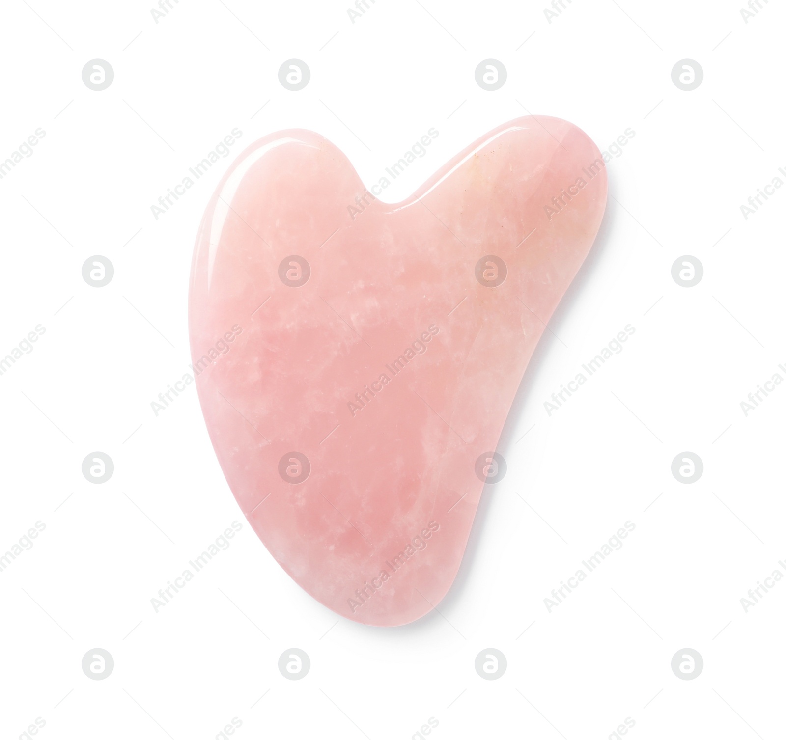Photo of Rose quartz gua sha tool on white background, top view