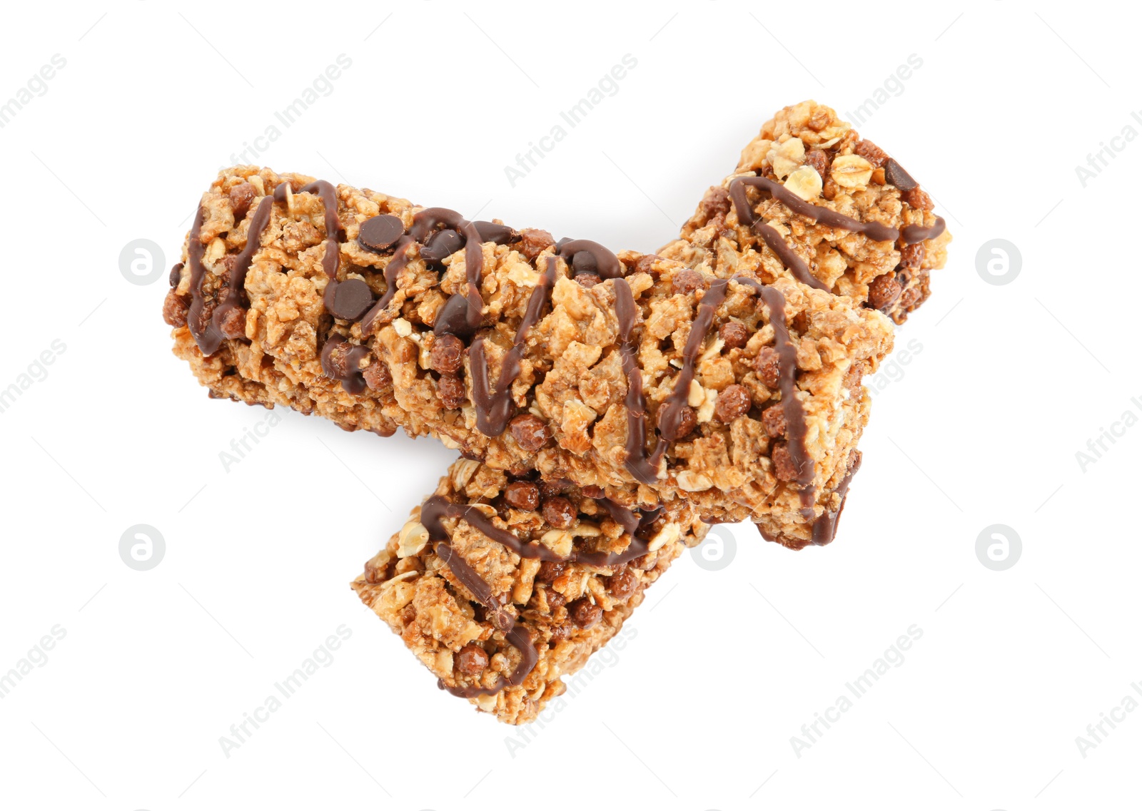 Photo of Crunchy granola bars with chocolate on white background, top view. High protein snack