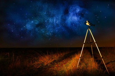 Photo of New astronomy telescope outdoors, space for text. Picturesque view of shiny stars at night