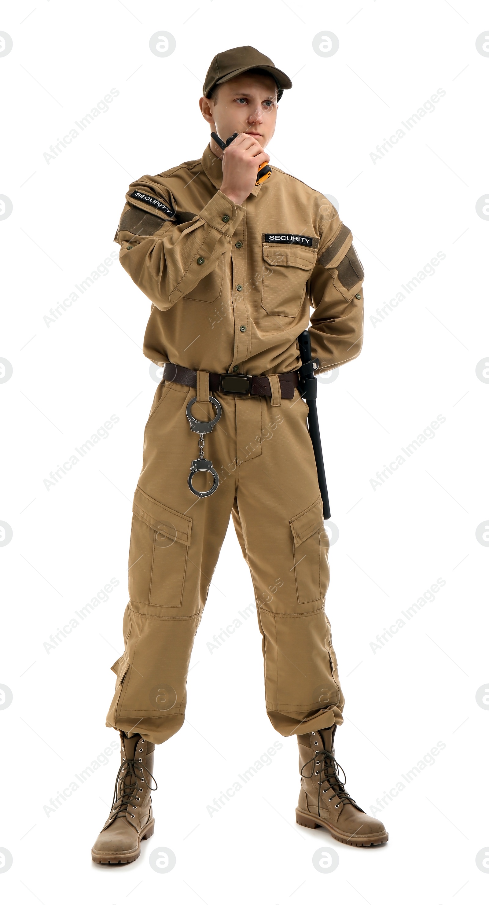 Photo of Male security guard using portable radio transmitter on white background