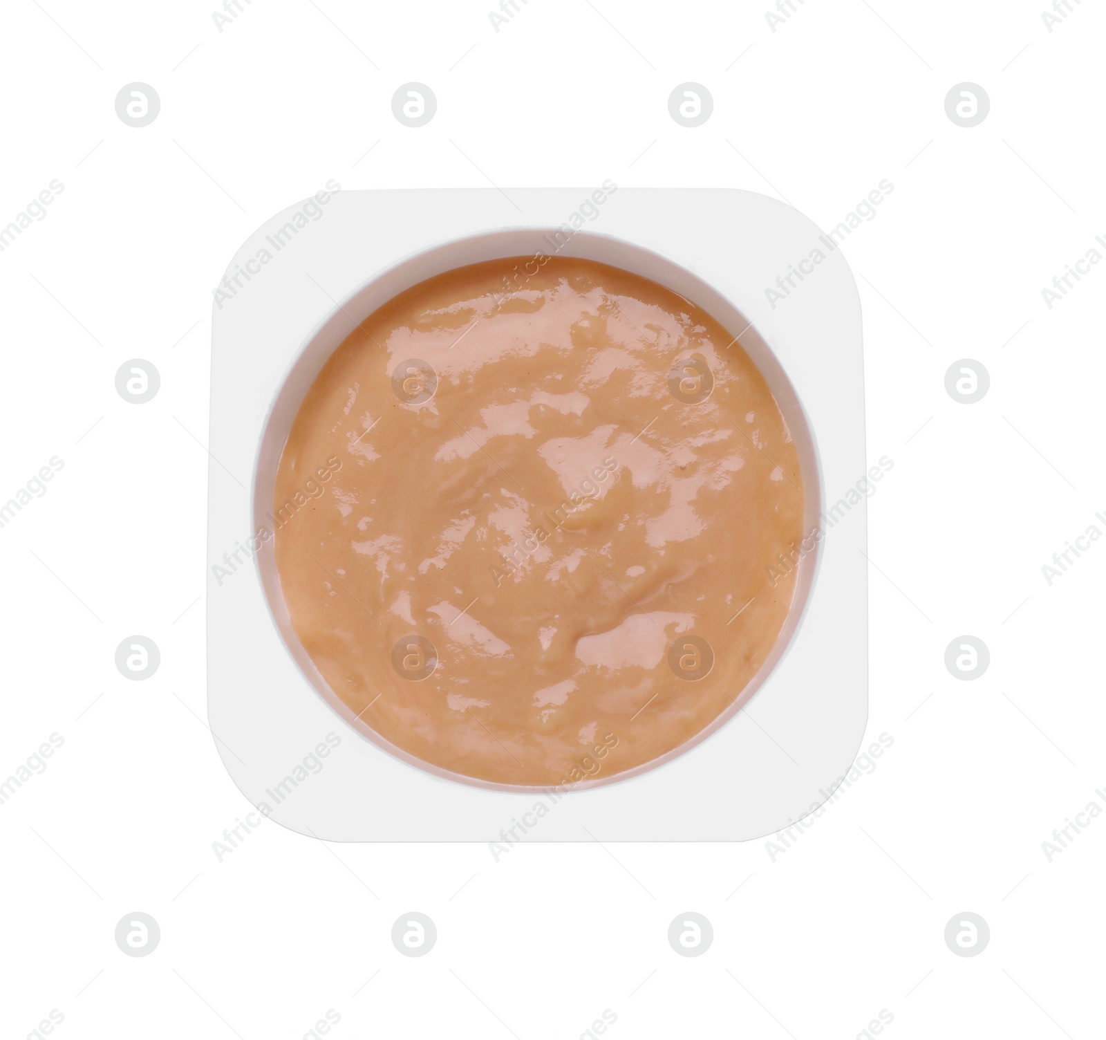 Photo of Container with healthy baby food isolated on white, top view
