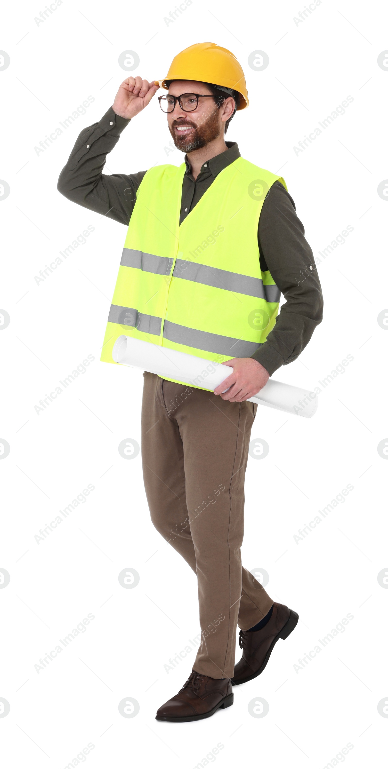 Photo of Architect in hard hat with draft walking on white background