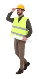 Photo of Architect in hard hat with draft walking on white background