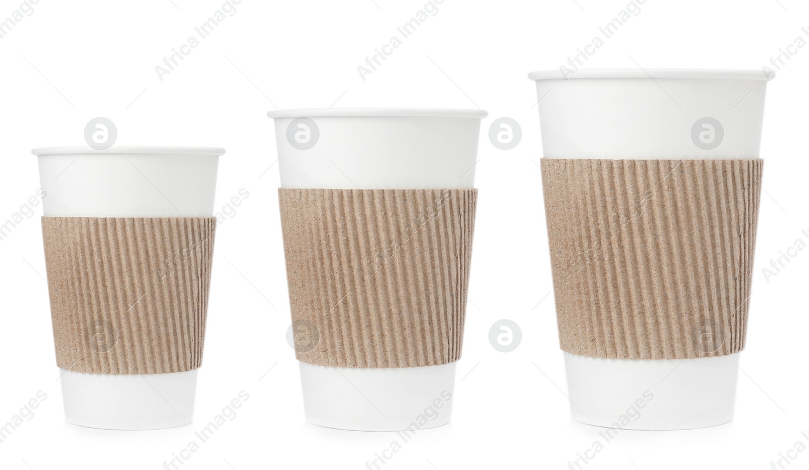 Image of Paper coffee cups of different sizes on white background, collage