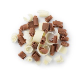 Pile of different tasty chocolate shavings isolated on white, top view