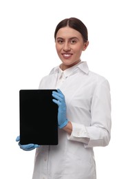 Photo of Doctor holding blank tablet on white background, space for design