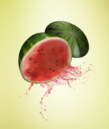 Image of Watermelon with splashing juice on green yellow background