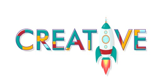 Illustration of Word Creative with illustration of rocket instead of letter I on white background